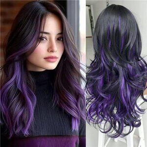 Dark Purple Highlight Layered Wavy Wig With Curtain Bangs